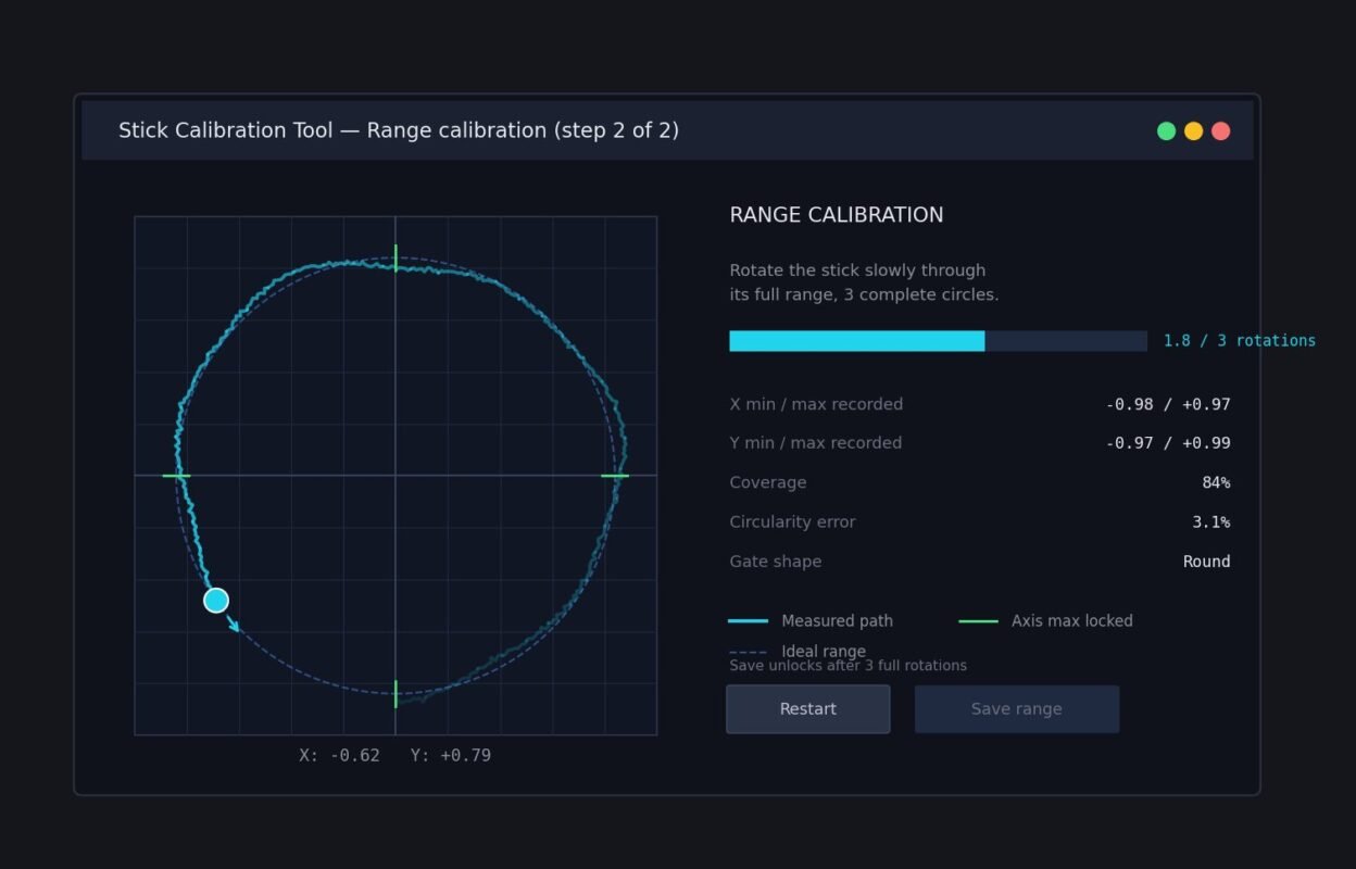Analog stick calibration capturing the full range of motion during setup