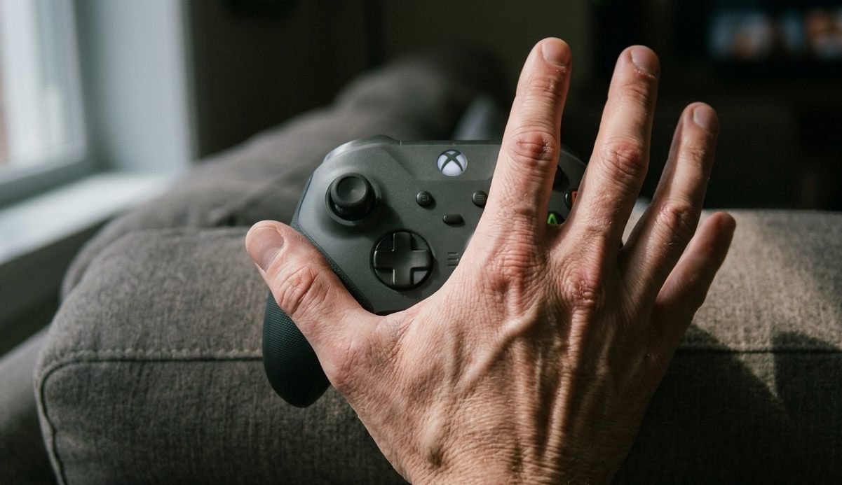 Controller grip strain visible at the thumb base after a long session
