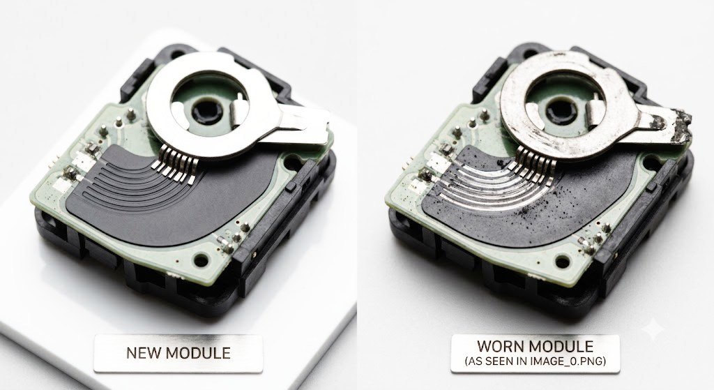 New versus six-month-worn controller analog stick module showing carbon build-up and wiper contact degradation