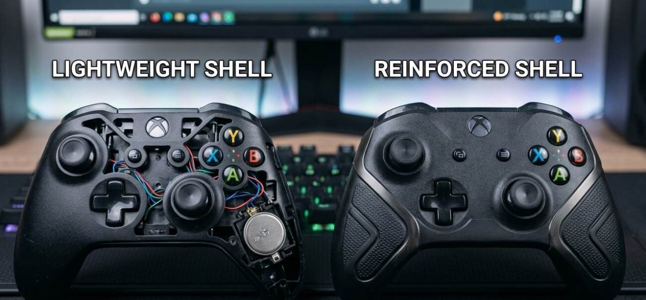 Durable gamepad shell compared against a lighter standard controller shell