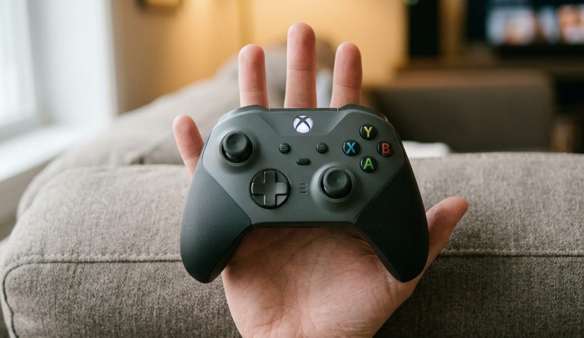 Gamepad weight distribution tested by balancing the controller flat on an open palm