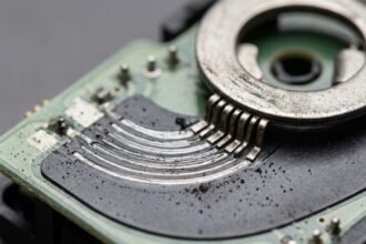 Disassembled analog stick potentiometer showing worn resistive track and carbon debris after six months of daily use