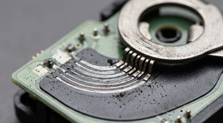 Disassembled analog stick potentiometer showing worn resistive track and carbon debris after six months of daily use