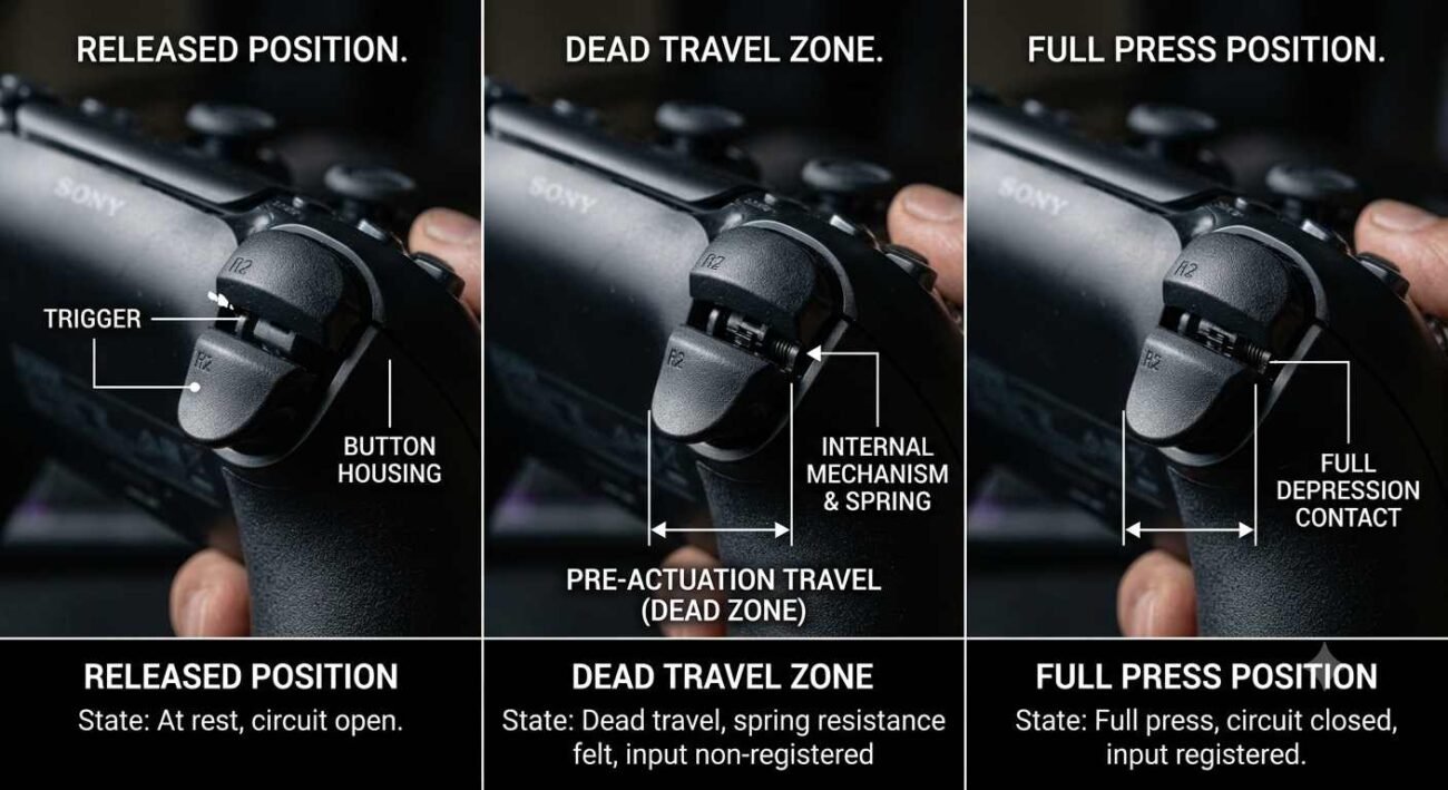 Trigger travel distance measured across released, dead zone, and full press positions
