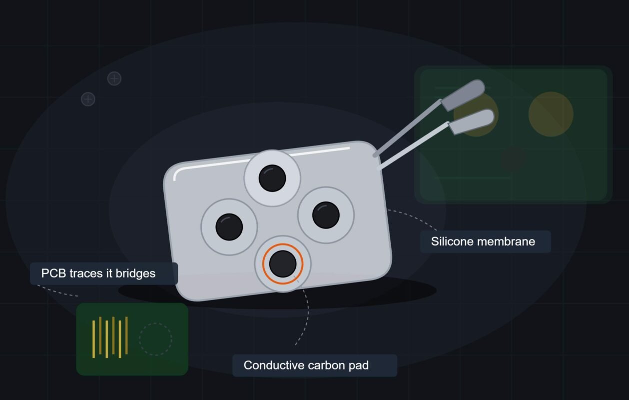 Worn carbon pads shown on the underside of a controller's rubber button membrane
