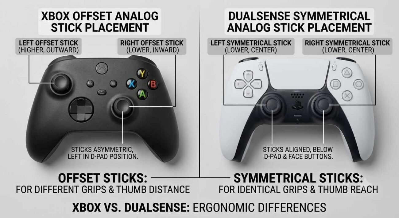 Xbox vs PlayStation controller layout differences in stick placement and face buttons